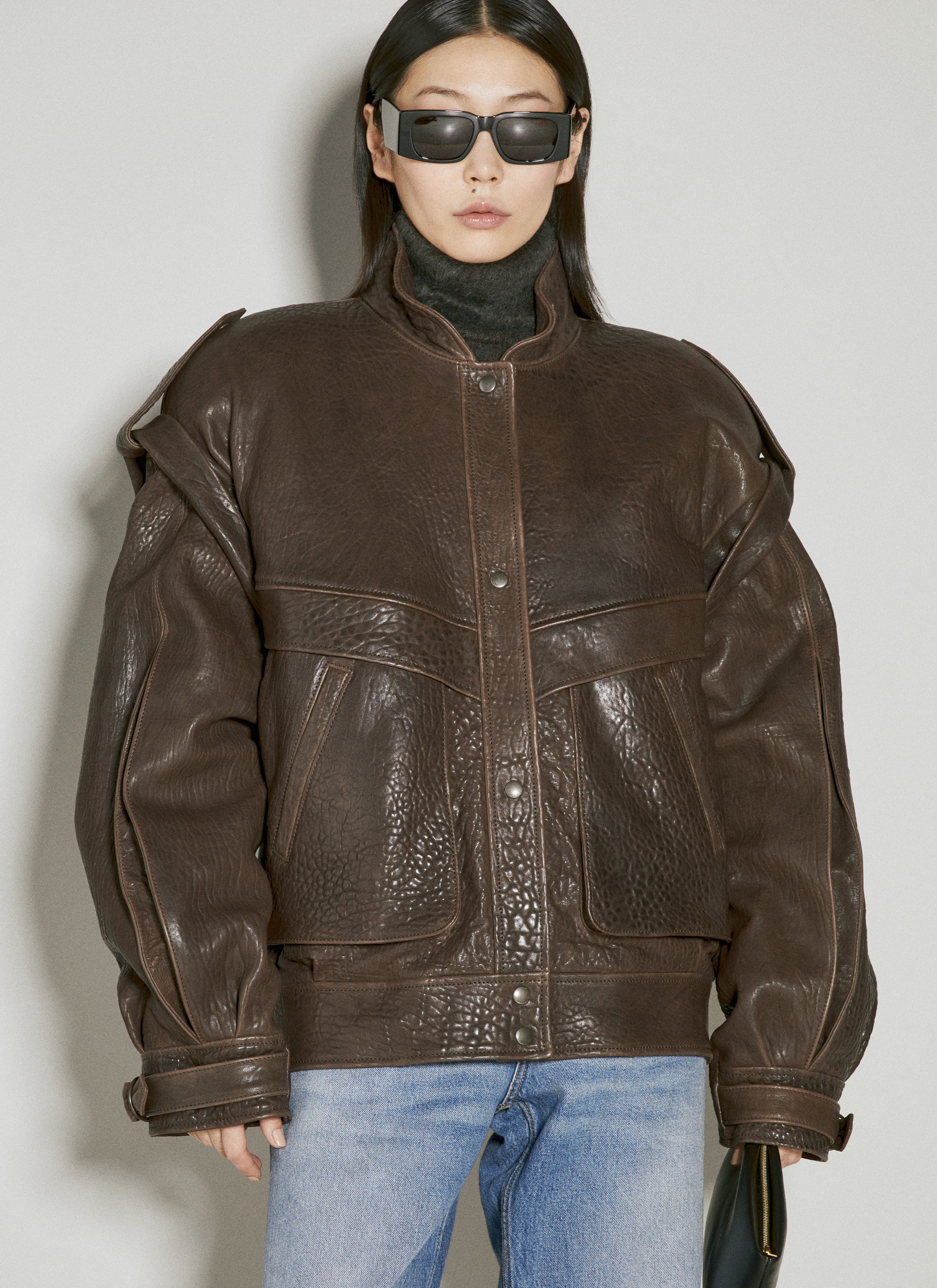 Saint Laurent Oversized Leather Jacket Woman Jackets Brown Fr